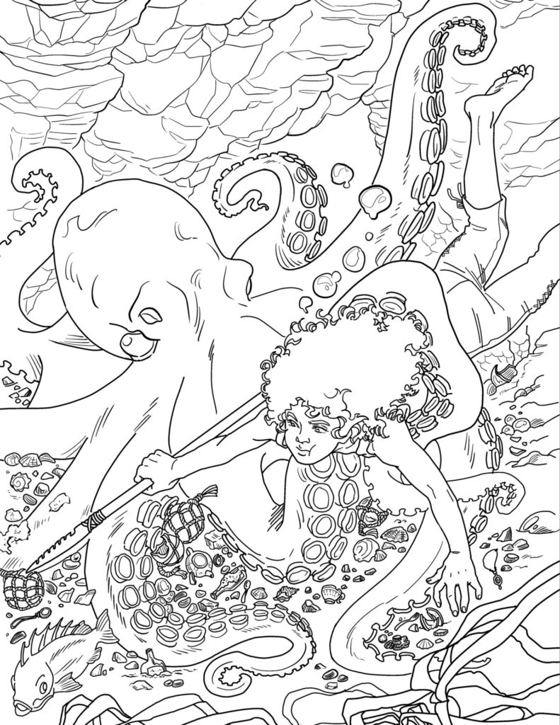 black and white image of Tracker swimming with octopus