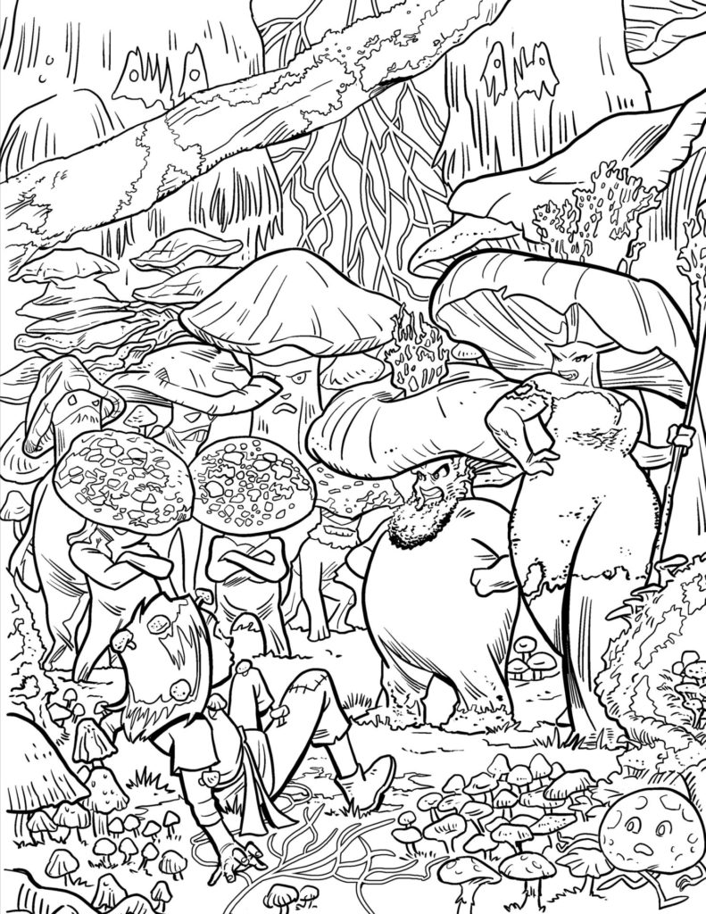 black and white image of mushroom people meeting a tracker