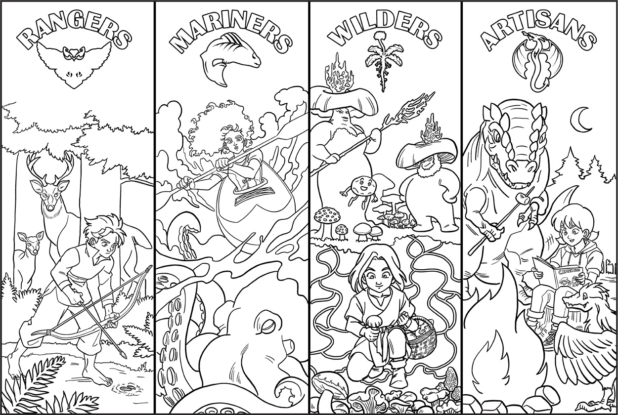 Summer 2026 coloring page featuring all Four Guilds — Rangers, Mariners, Wilders, and Artisans — with characters from Trackers Earth books and comics
