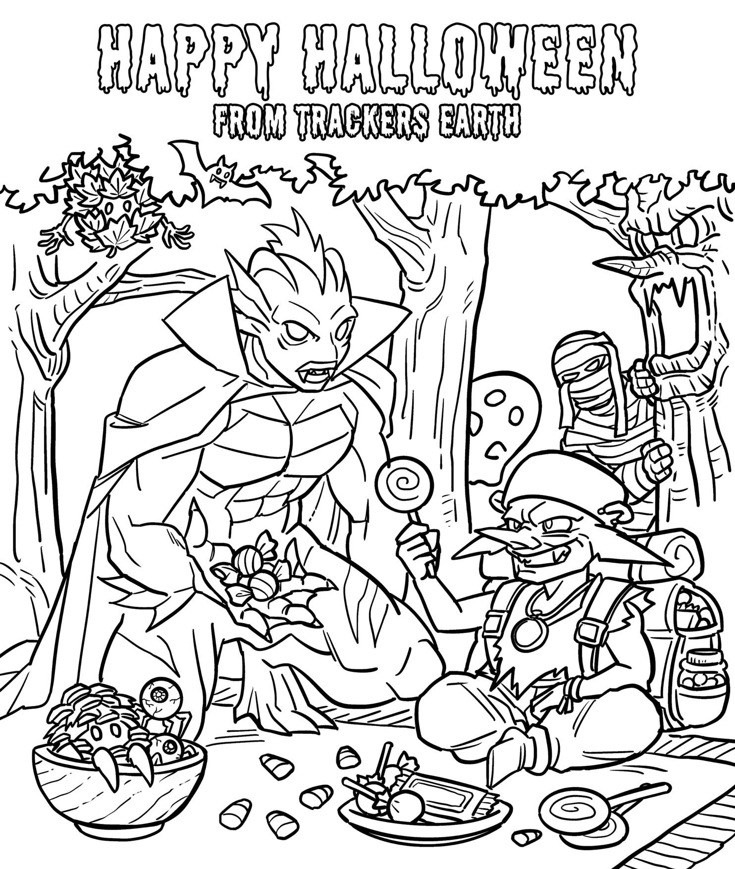 Happy Halloween from Trackers Earth coloring page. A sea creature dressed as a vampire and a grinning goblin share candy on a blanket in a spooky forest while a mummy, a ghost, and a bat look on.